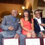 LOUIS GOSSETT, JR., ANGELA BASSETT AND CHARLIE WILSON AWAITING THE PRESENTATION OF THEIR AWARDS IN THE LOS ANGELES CITY COUNCIL CHAMBERS.
